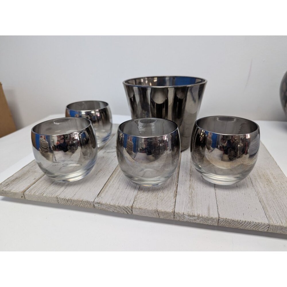 Dorothy Thorpe Set of 4 Roly Poly Glasses w/ Ice Bucket Silver Fade Ombre